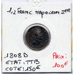 1/2 Franc Napoléon 1er 1808 D Lyon TTB, France pièce de monnaie