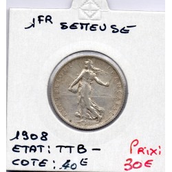 1 franc Semeuse Argent 1908 TTB-, France pièce de monnaie