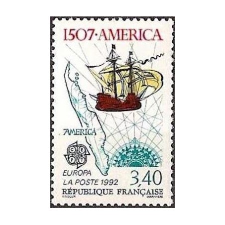 Timbre Yvert No 2756 Europa America, carte, caravelle, rose des vents