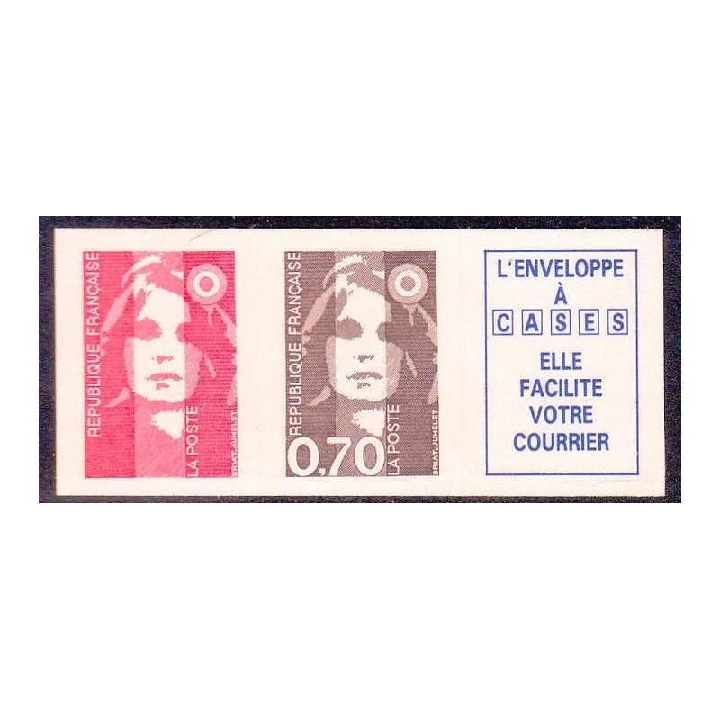 Timbre Yvert No 2824b Marianne du Bicentenaire paire attenante adhésif avec vignette, de carnet sans valeur rouge + 0.70fr brun