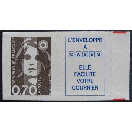 Timbre Yvert No 2873b Type Marianne du Bicentenaire 0.70fr brun avec vignette issu de carnet adhésif caractères maigres