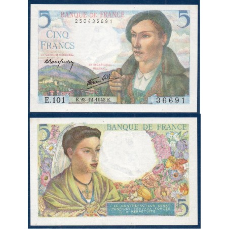 5 Francs Berger neuf 23.12.1943 Billet de la banque de France