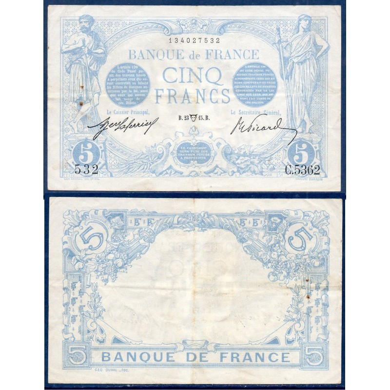 5 Francs Bleu TTB 23.4.1915 Billet de la banque de France