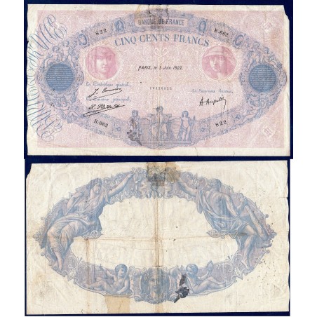 500 Francs Bleu et Rose B- 3.6.1922 Billet de la banque de France