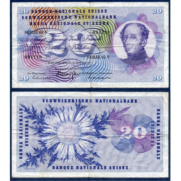 Suisse P.46q, TB Billet de 20 Francs 15.1.1969 Guillaume Henri-Dufour