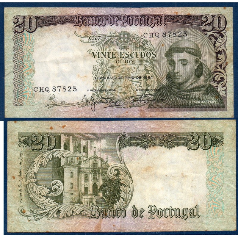 Portugal P.167b, TB, Billet de 20 Escudos 1964 Saint Antoine Portugal P.167b, TB, Billet de 20 Escudos 1964 Saint Antoine