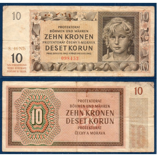 Bohème et Moravie P.8a, Billet de banque de 10 Korun 1942