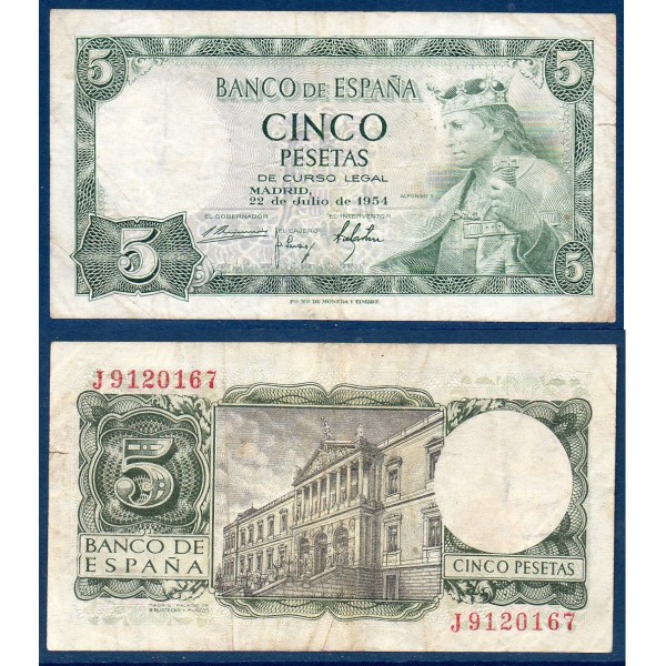 Espagne P.146, TTB Billet de 5 pesetas 1954 Alfonso X