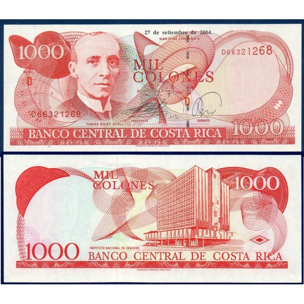 Costa Rica P.264e, neuf Billet de 1000 colones 2004 Tomas Soley Guell