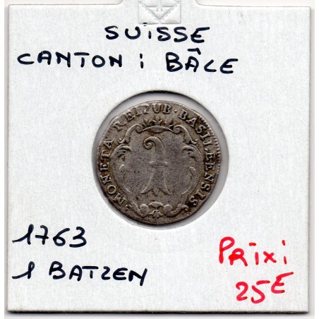 Suisse Canton Bâle Basel 1 Batzen 1763 TTB+, KM 164 pièce de monnaie