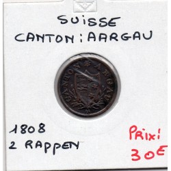 Suisse Canton Argovie Aargau 2 Rappen 1808 TTB, KM 11 pièce de monnaie