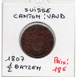Suisse Canton Vaud 1/2 batzen ou 5 rappen 1807 TTB-, KM 6 pièce de monnaie