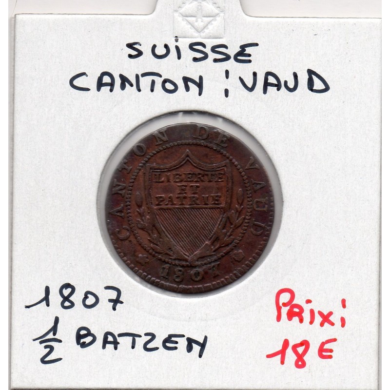 Suisse Canton Vaud 1/2 batzen ou 5 rappen 1807 TTB-, KM 6 pièce de monnaie