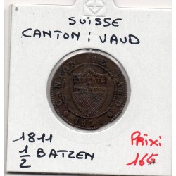 Suisse Canton Vaud 1/2 batzen ou 5 rappen 1811 TTB+, KM 6 pièce de monnaie