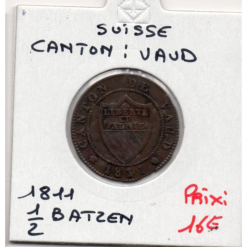 Suisse Canton Vaud 1/2 batzen ou 5 rappen 1811 TTB+, KM 6 pièce de monnaie