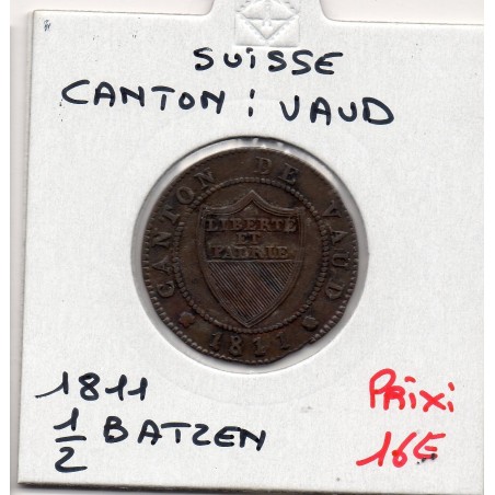 Suisse Canton Vaud 1/2 batzen ou 5 rappen 1811 TTB+, KM 6 pièce de monnaie