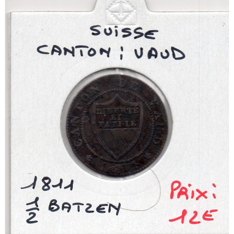 Suisse Canton Vaud 1/2 batzen ou 5 rappen 1811 TTB, KM 6 pièce de monnaie