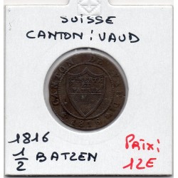 Suisse Canton Vaud 1/2 batzen ou 5 rappen 1816 TTB, KM 6 pièce de monnaie