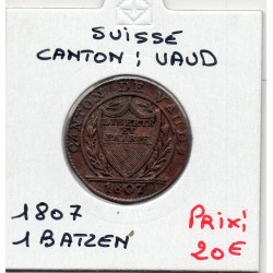 Suisse Canton Vaud 1 batzen ou 10 rappen 1807 TTB, KM 8 pièce de monnaie