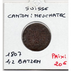 Suisse Canton Neuchatel demi Batzen 1807 TB, KM 68 pièce de monnaie
