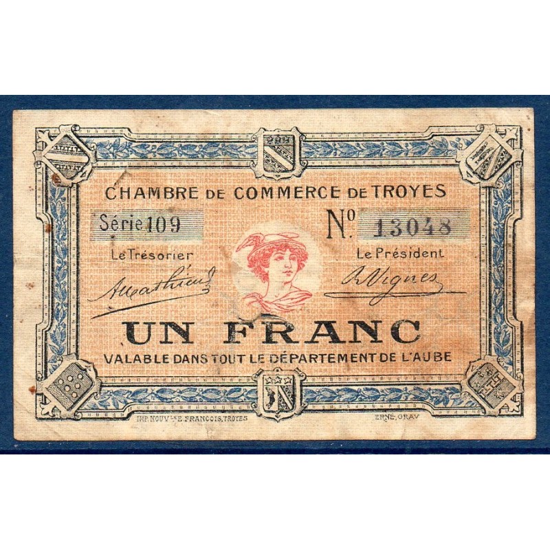 Troyes 1 franc TTB- 1.1.1921 Pirot 8 Billet de la chambre de Commerce