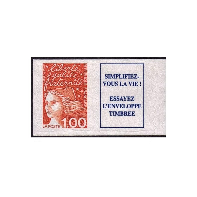 Timbre Yvert France No 3101a Type Marianne de Luquet 1fr orange de carnet avec vignette