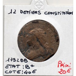 12 denier Constitution Louis XVI 1792 BB Strasbourg B-, France pièce de monnaie