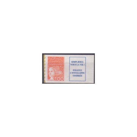 Timbre Yvert France No 3101aa Type Marianne de Luquet 1fr orange type II de carnet avec vignette