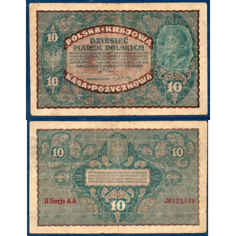 Pologne Pick N°25 TB Billet de banque de 10 Marek 1919 Pologne Pick N°25 TB Billet de banque de 10 Marek 1919