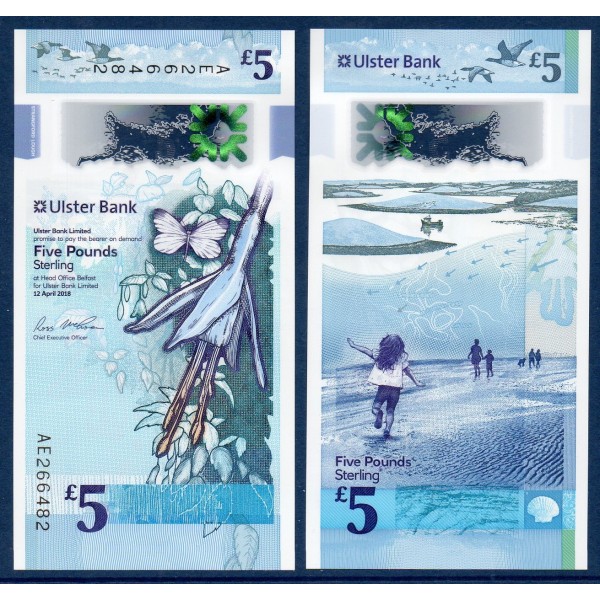 Irlande du nord Pick N°newU, Ulster bank Billet de Banque de 5 pounds 2018