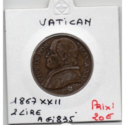 Vatican Pius ou Pie IX 2 lire 1867 an XXII TTB, KM 1379.2 pièce de monnaie