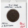 Suisse Canton Vaud 1 batzen ou 10 rappen 1820 TTB, KM 8 pièce de monnaie