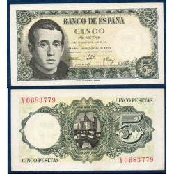 Espagne Pick N°140, A-UNC Billet de banque de 5 pesetas 1951