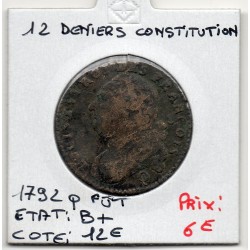 12 denier Constitution Louis XVI 1792 Q Fut Perpignan B+, France pièce de monnaie