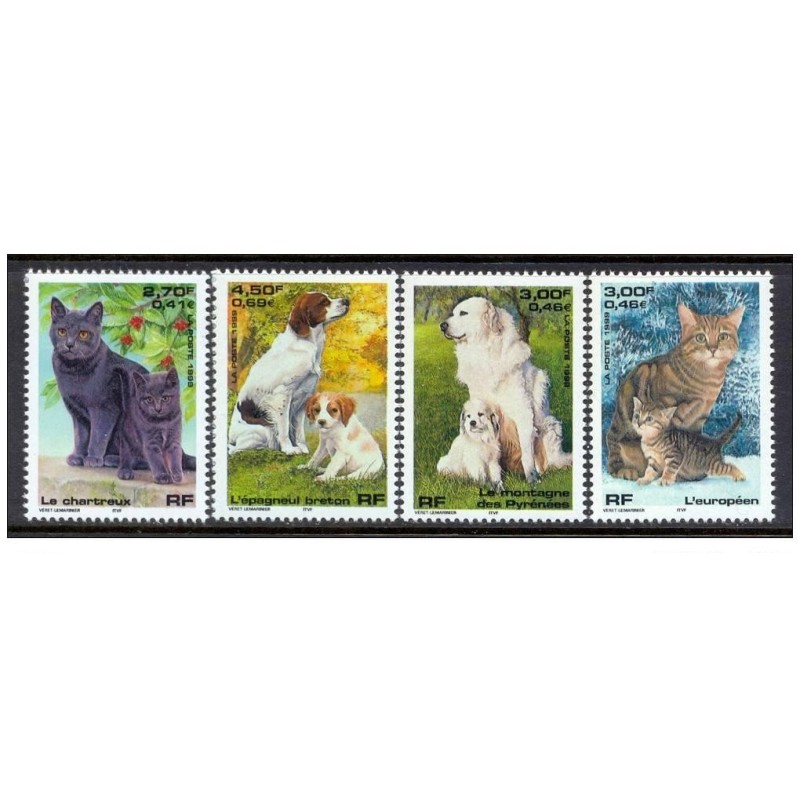 Timbre Yvert France No 3283-3286 Série nature, chats et chiens