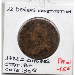 12 denier Constitution Louis XVI 1792 I LImoges B+, France pièce de monnaie