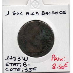 1 sol aux balances 1793 W Lille B-, France pièce de monnaie