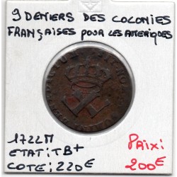 9 deniers Colonies Francoises 1722 H pour les amériques TB+,  Lec 193 pièce de monnaie