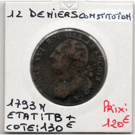 12 denier Constitution Louis XVI 1793 N Montpellier TB+, France pièce de monnaie