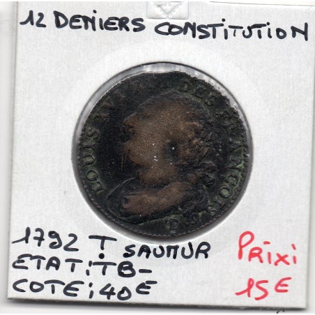 12 denier Constitution Louis XVI 1792 T. Saumur TB-, France pièce de monnaie