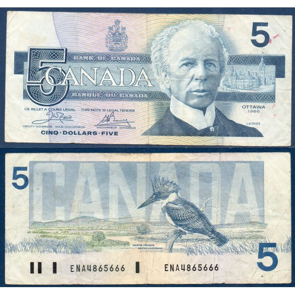 Canada Pick N°95a1, Billet de banque de 5 dollar 1986