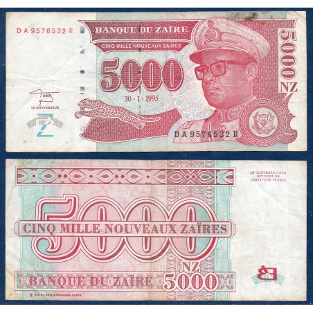 Zaire Pick N°69, TTB Billet de banque de 5000 Zaires 1995