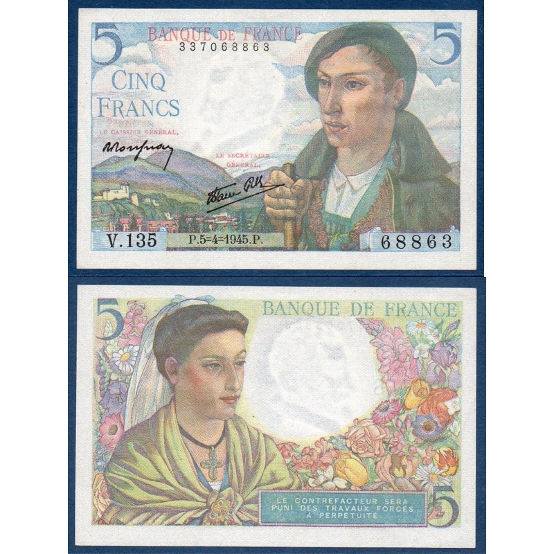 5 Francs Berger SPL 5.4.1945 Billet de la banque de France