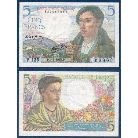 5 Francs Berger SPL 5.4.1945 Billet de la banque de France