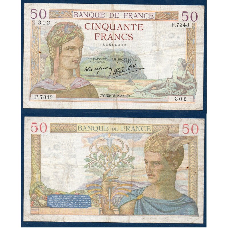 50 Francs Cérès TB+ 30.12.1937 Billet de la banque de France