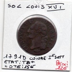 Sol 1791 D Lyon 1er semestre cuivre Louis XVI pièce de monnaie royale