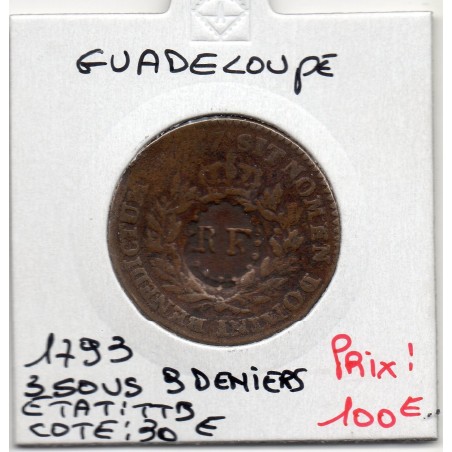 Guadeloupe, 3 sous 9 deniers 1793 TTB, Lec 4 pièce de monnaie