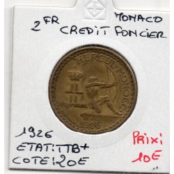 Monaco crédit Foncier 2 francs 1926 TTB+, Gad 130 pièce de monnaie