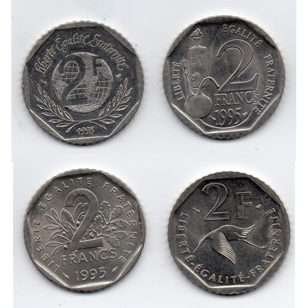 série de 4 monnaies de  2 francs Commémoratives Nickel 1993-1998 Sup, France pièce de monnaie