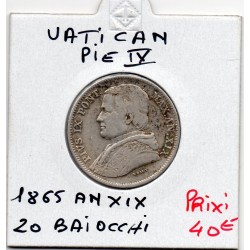Vatican Pius ou Pie IX 20 Baiocchi 1865 an XIX TTB+, KM 1360a pièce de monnaie